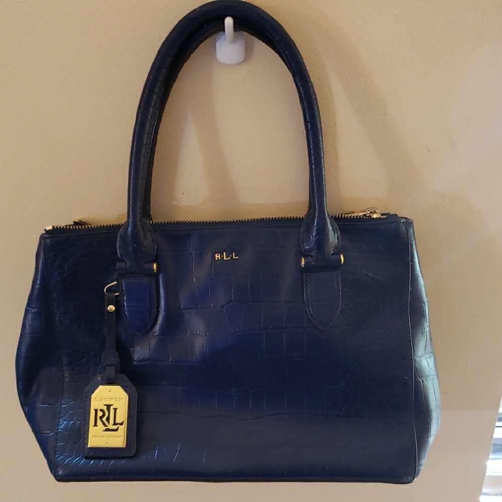 Ralph Lauren Double Zip RL Navy Blue Embossed Crocodile Satchel Bag